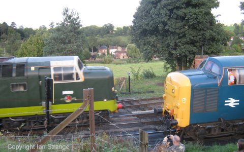 D9009 passes 55002 at Arley, 2013.